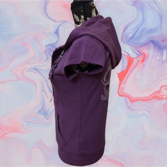 True Religion Women's Zip-Up Hoodie Sweatshirt XS NWT Short Sleeves  Purple - Picture 7 of 15